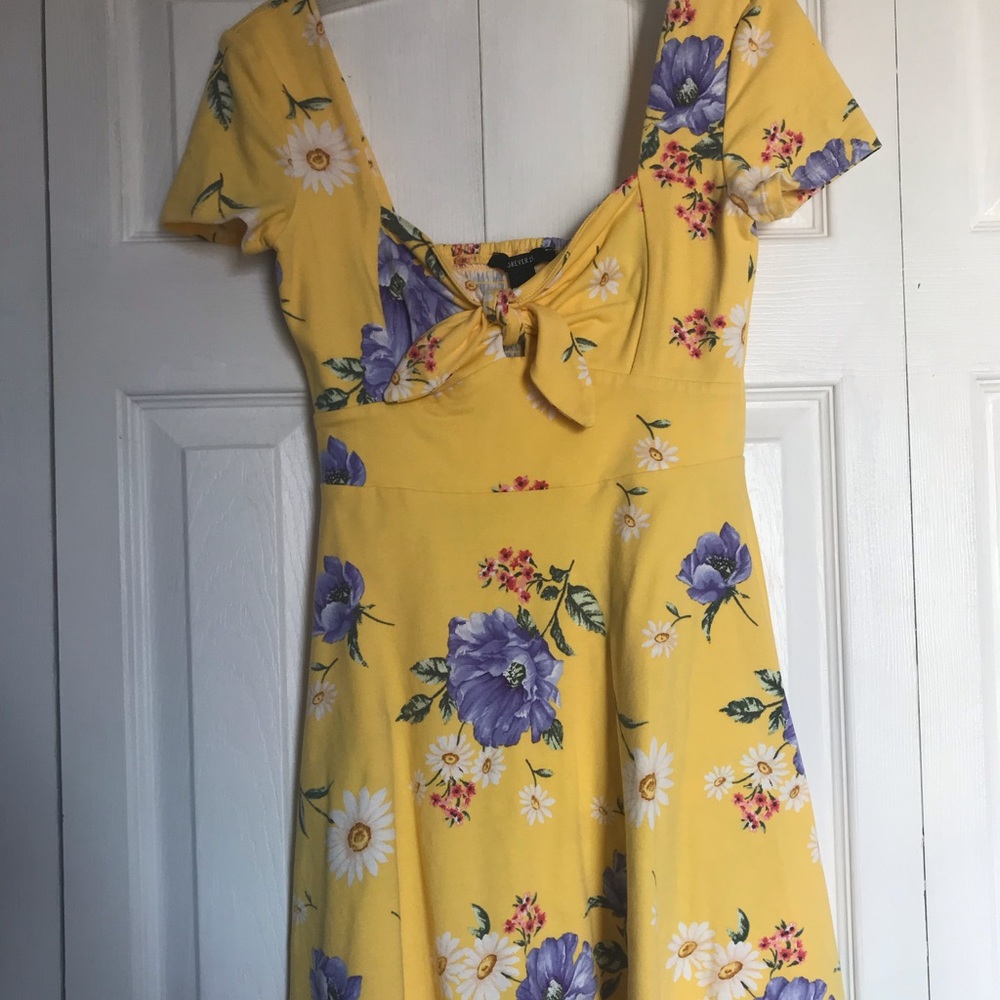 Floral yellow sundress, mid thigh length, short sleeve